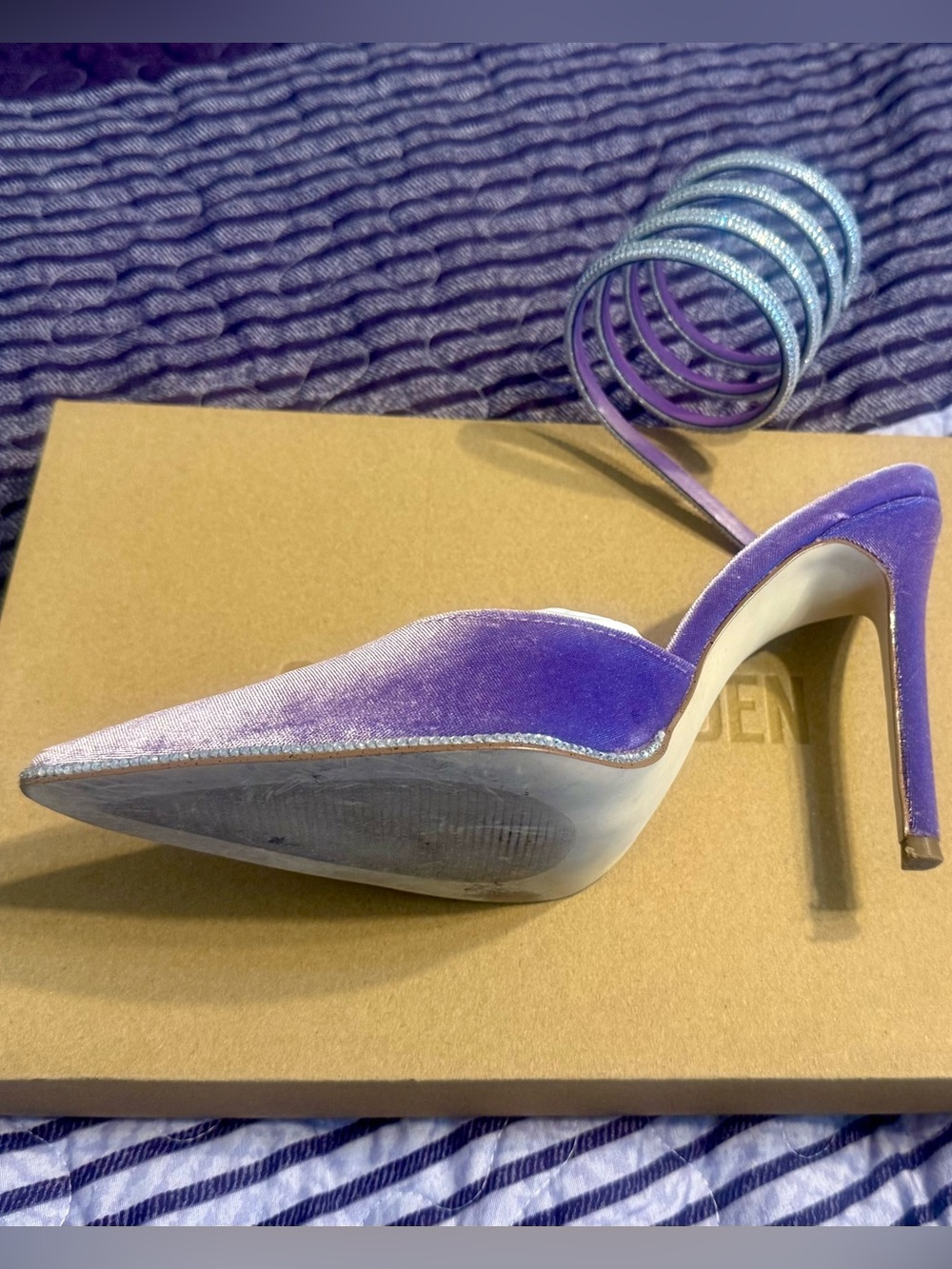Steve Madden Lavender Velvet Satin Pointed-Toe Spiral Crystal Strap Heels - Picture 2 of 6